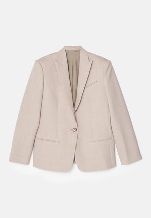 Blazer strutturato beige, chiusura con un unico bottone, rever a tacca, tessuto testurizzato con motivi sottili, due tasche frontali, interno non foderato.