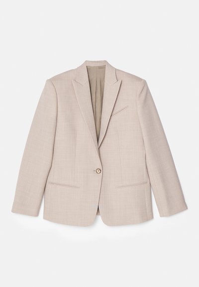 Bež strukturiran blazer, zapiranje z enim gumbom, zarezan ovratnik, teksturirana tkanina z majhnimi vzorci, dva sprednja žepa, nezašita notranjost.
