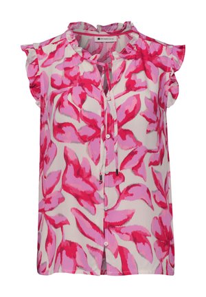 Blusa sin mangas con estampado floral abstracto en rosa y rojo, cuello y mangas con volantes, botones delanteros y cierre con lazo en el escote.