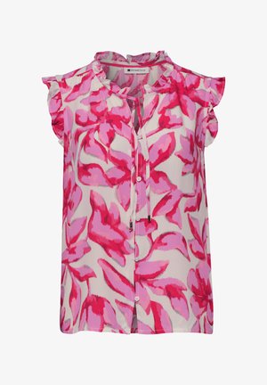 Ærmeløs bluse med pink og rød abstrakt blomsterprint, flæsekrave og ærmer, knapper foran og bindesløjfe ved halsudskæringen.
