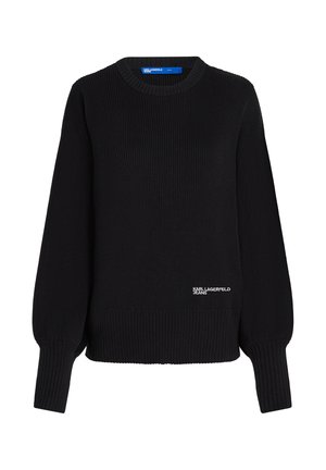 Suéter negro de punto acanalado con mangas largas y el logo "Karl Lagerfeld Jeans" bordado cerca del dobladillo inferior en la parte frontal.