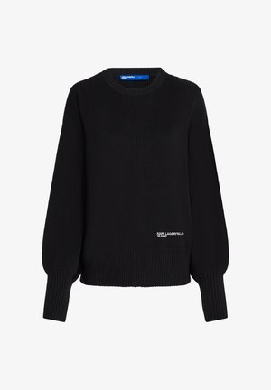 Suéter negro de punto acanalado con mangas largas y el logo "Karl Lagerfeld Jeans" bordado cerca del dobladillo inferior en la parte frontal.