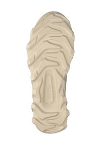 Suola della scarpa Ecco, in gomma beige chiaro con un motivo di battistrada testurizzato, caratterizzata da scanalature profonde per una migliore trazione e un logo vicino al centro.