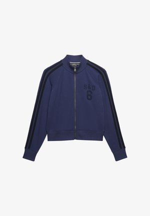 Veste de survêtement bleu marine à zip avec double rayures noires sur les manches et "S&D 6" imprimé sur le côté gauche de la poitrine.
