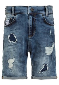 Shorts in denim di un blu sbiadito, con diverse aree strappate e toppe. Design classico a cinque tasche con risvolti.