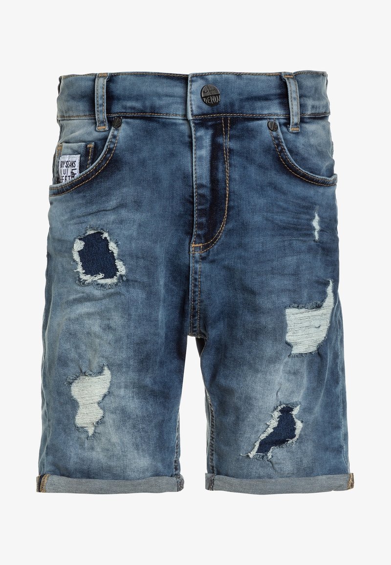 Shorts in denim di un blu sbiadito, con diverse aree strappate e toppe. Design classico a cinque tasche con risvolti.