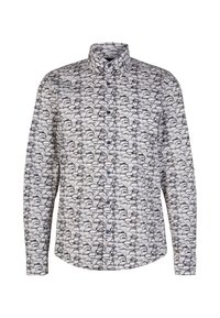 Weißes Hemd mit Knöpfen, das ein sich wiederholendes Autografikmuster in Schwarz und Grau zeigt. Lange Ärmel, standardmäßiger Kragen und vordere Knopfverschluss.