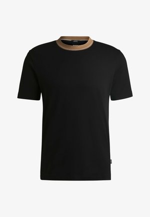 Schwarzes T-Shirt mit rundem Ausschnitt und kontrastierendembeigem Kragen. Hergestellt aus glattem Stoff, hat es kurze Ärmel und eine normale Passform.
