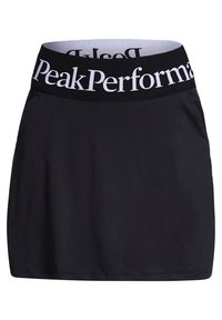 Skort negro con una cinturilla ancha que presenta la marca "Peak Performance" en blanco. La tela es suave y ligera, con un diseño sencillo.