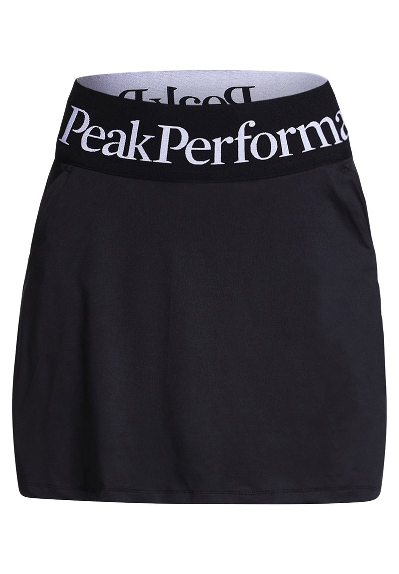 Skort negro con una cinturilla ancha que presenta la marca "Peak Performance" en blanco. La tela es suave y ligera, con un diseño sencillo.