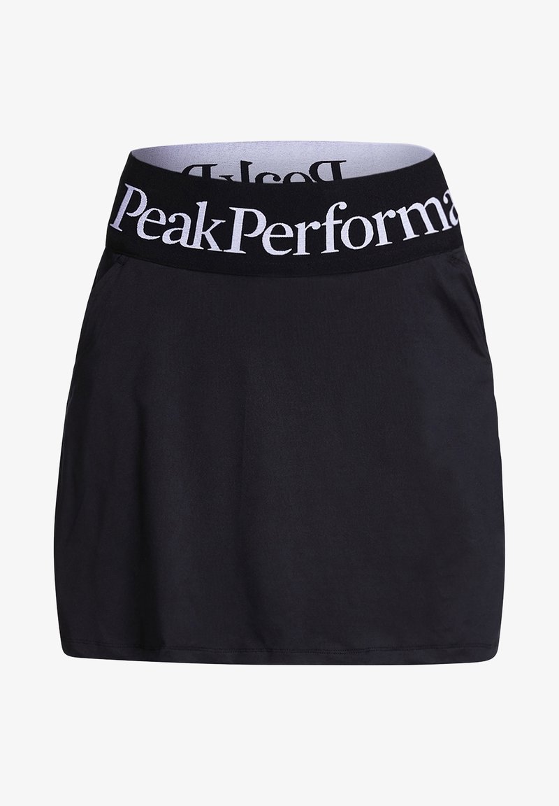 Skort negro con una cinturilla ancha que presenta la marca "Peak Performance" en blanco. La tela es suave y ligera, con un diseño sencillo.