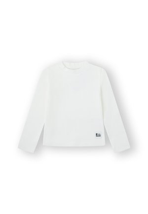 Camiseta de manga larga blanca en un tejido suave y texturizado. Presenta un cuello redondo y una pequeña etiqueta azul con "R" y "Est. 2003" en el dobladillo.