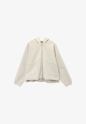 Lichtgrijze hoodie met een ritssluiting, een grote kap, twee voorzakken en een losse pasvorm. Gemaakt van zachte, gestructureerde stof.