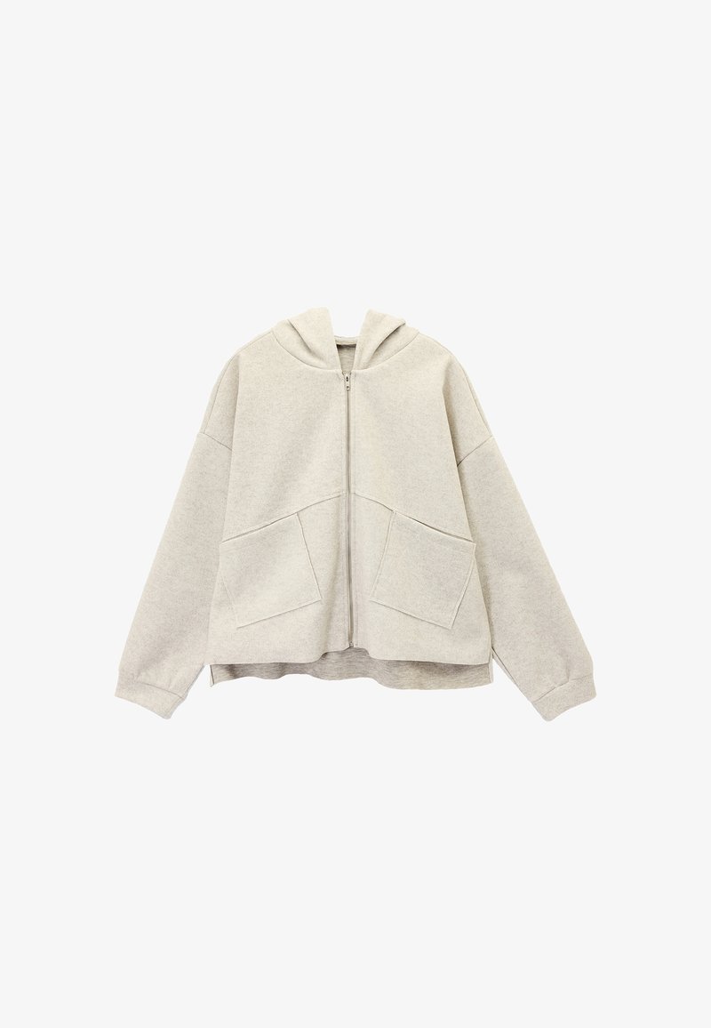 Hellgrauer Kapuzenpullover mit Reißverschluss, großer Kapuze, zwei Fronttaschen und lockerem Schnitt. Hergestellt aus weichem, strukturiertem Stoff.