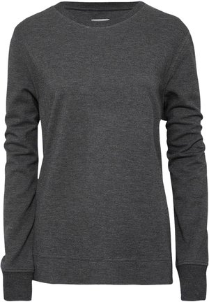 Dark gray sweatshirt made of soft fabric, featuring a crew neckline, long sleeves, and ribbed cuffs and hem.
