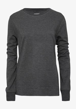 Mørk grå sweatshirt lavet af blødt stof, med rund halsudskæring, lange ærmer og ribbede manchetter og kant.