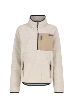 Fleece pullover in offwhite met een beige borstzak, zijzakken met rits en marineblauwe accenten bij de kraag en zoom. Textuur op het oppervlak.