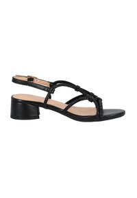Schwarze Absatzsandalen mit einem Riemen-Design, die über strukturierte Riemen, einen kleinen Blockabsatz und eine gepolsterte Innensohle verfügen.