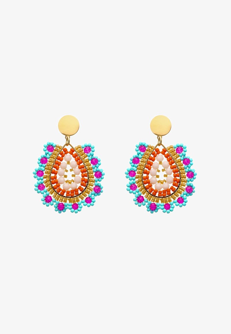Gyöngyös fülbevalók, csepp alakúak, narancssárga, fehér és türkiz színűek arany szegélyekkel és rózsaszín gyöngyrészletekkel.