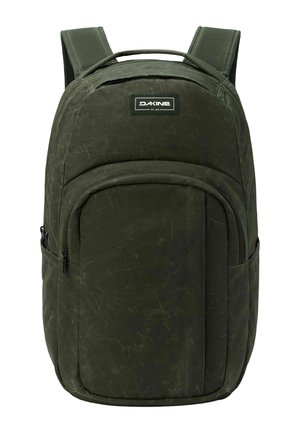 Zaino Dakine verde scuro con spallacci imbottiti, tasca frontale con zip e maniglia superiore.
