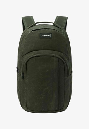 Dunkelgrüner Dakine-Rucksack mit gepolsterten Schultergurten, vorderer Reißverschlusstasche und oberem Tragegriff.