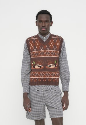 Νεαρός άνδρας που φοράει καφέ πλεκτό γιλέκο argyle με σχέδια από πάπιες πάνω από ένα καρό πουκάμισο και ταίριαστα καρό σορτς, στέκεται μπροστά σε λευκό φόντο.