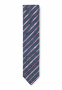Cravatta blu navy con strisce diagonali rosse e bianche. Il tessuto ha un motivo strutturato, rifinito con una punta.