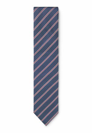 Navy blue tie featuring diagonal stripes in red and white. The fabric has a textured pattern, finished with a pointed end.