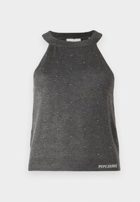 Grå ärmlös topp med hög halsringning, prydd med silvernitar som är jämnt fördelade över tyget, och en ribbad fåll med "Pepe Jeans"-logotyp.