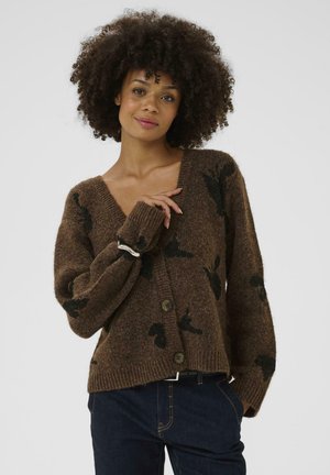 Brauner Strickcardigan mit V-Ausschnitt, großen schwarzen Vogelmustern und Knopfverschluss. Verfügt über gerippte Bündchen und einen lässigen Schnitt.