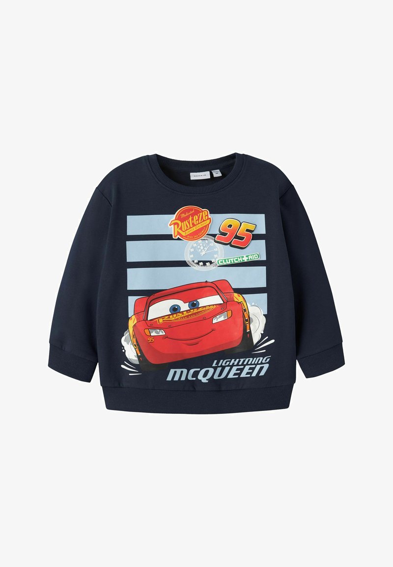 Sweat-shirt bleu marine avec voiture de course Flash McQueen, logo "Rust-eze", numéro 95 et texte "Lightning McQueen" sur le devant.