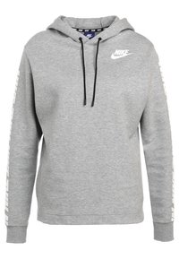 Šedá bavlněná mikina s volným střihem, stahovací kapucí a dlouhými rukávy, na levé straně s bílým textem "Nike". Přední logo v bílé barvě.