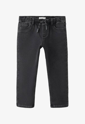 Pantaloni negri din denim cu talie elastică și șnur. Au buzunare laterale și croială slim. Textură netedă și design simplu.