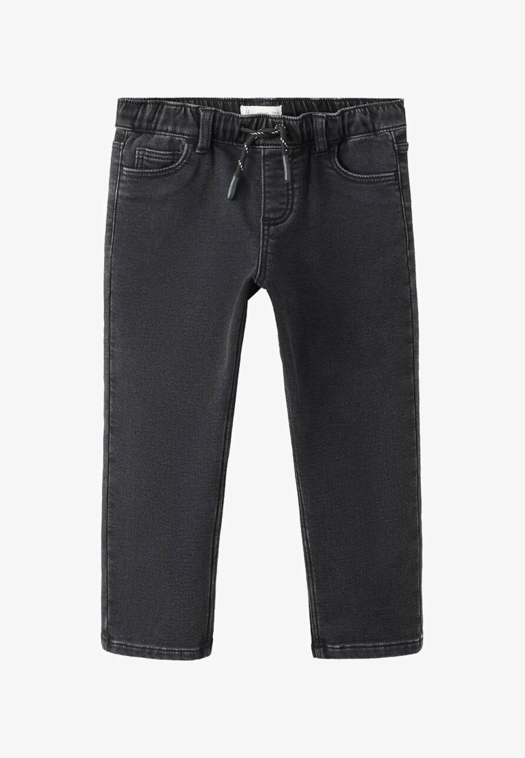 Pantalon en jean noir avec une ceinture élastique et un cordon de serrage. Comprend des poches latérales et une coupe slim. Texture lisse et design simple.
