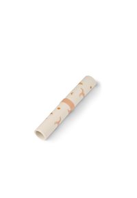 Roll of wallpaper featuring a light cream background with orange animal silhouettes and circular patterns. Smooth texture, plastic material.