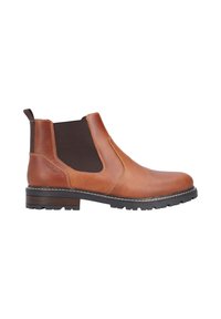 Brown leather Chelsea boot with elastic side panels, round toe, and rubber sole. Notable stitching along the edges and a pull tab on the heel.
