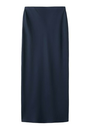 Falda midi de corte recto en azul marino, con un diseño sencillo y tejido suave, fotografiada sobre un fondo blanco.