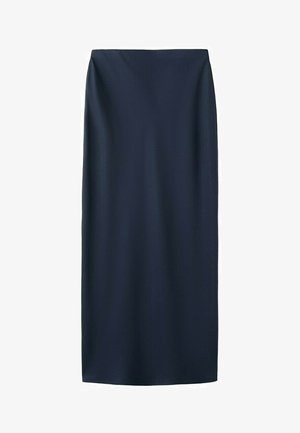 Mørkeblå, lige midi-nederdel med enkelt design og glat stof, fotograferet mod en hvid baggrund.