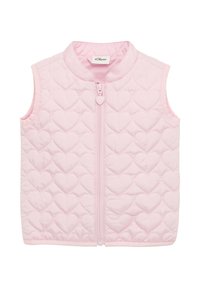 Roze gewatteerde vest met een hartjespatroon, hoog halsontwerp en een rits aan de voorkant met een hartvormige trekking. Geen mouwen.