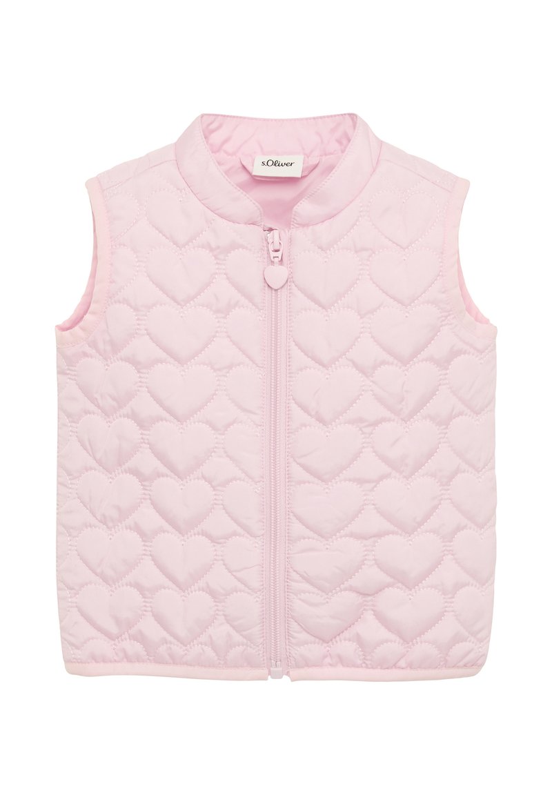 Roze gewatteerde vest met een hartjespatroon, hoog halsontwerp en een rits aan de voorkant met een hartvormige trekking. Geen mouwen.