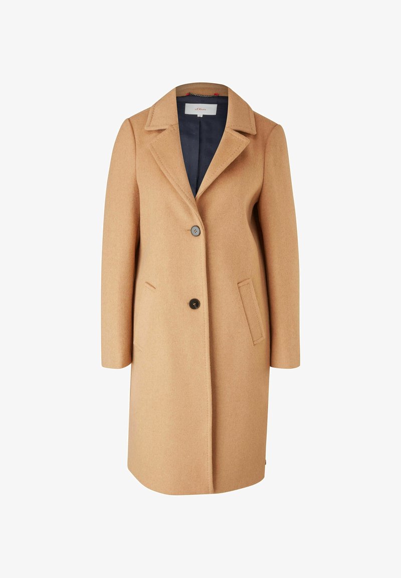 Camelkleurige woljas met een geknipt kraag, enkele knoopsluiting, zijzakken en een satijnen marineblauwe voering. Heeft een rechte snit.
