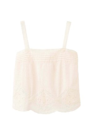 Biały bawełniany top bez rękawów z cienkimi ramiączkami, poziomymi plisami w pobliżu dekoltu i haftowanym, falistym obrzeżem.