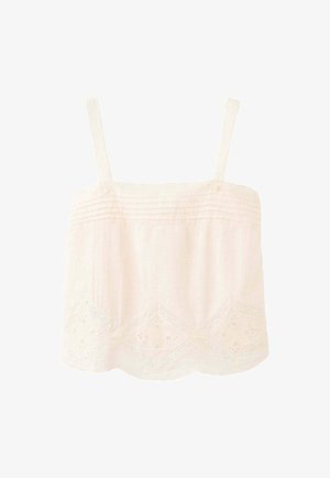 Biały bawełniany top bez rękawów z cienkimi ramiączkami, poziomymi plisami w pobliżu dekoltu i haftowanym, falistym obrzeżem.