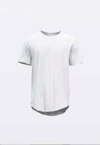 T-shirt blanc à manches courtes avec col rond, en tissu doux, présentant un ourlet arrondi et une texture lisse.