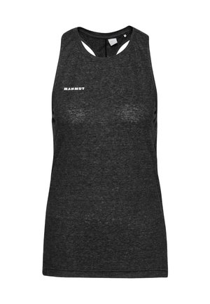 Zwart mouwloos tanktop gemaakt van textuurstof, met een logo op de voorkant en uitsparingen op de rug.