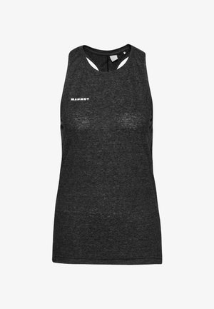 Sort ærmeløs tanktop lavet af tekstureret stof, med et logo foran og udskæringer bagpå.