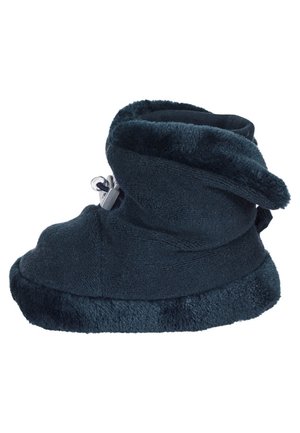 Mørkeblå blød fleece ankelstøvle med elastisk snørrelukning og blødt foret inderstel, designet til indendørs komfort og varme.