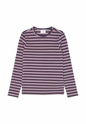 T-shirt à manches longues en maille côtelée avec des rayures horizontales violet foncé et mauve clair et un col rond.