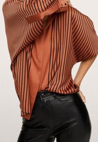 Blusa color ruggine con strisce verticali nere, tessuto leggero, vestibilità ampia e polsini con bottoni. Abbinata a pantaloni neri aderenti.