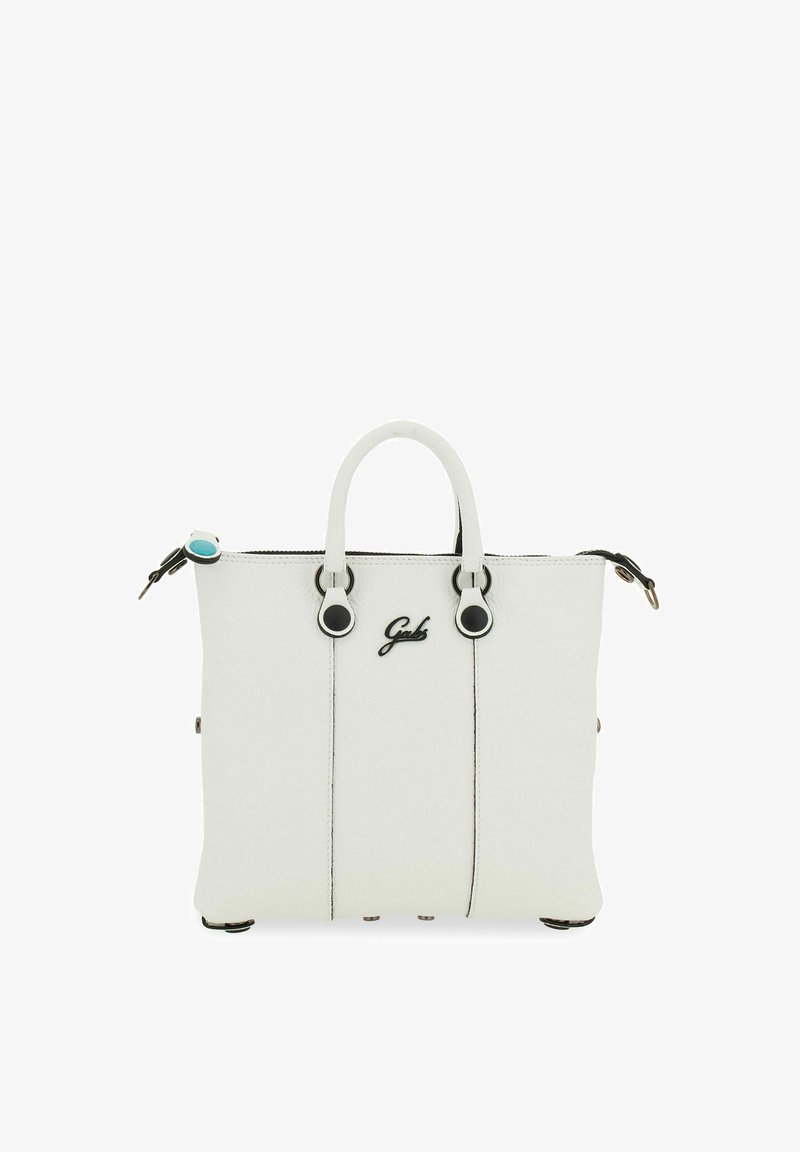 Borsa a mano sintetica bianca con cuciture nere, manici doppi e chiusura con zip. Presenta dettagli in metallo neri di forma rotonda e un logo.